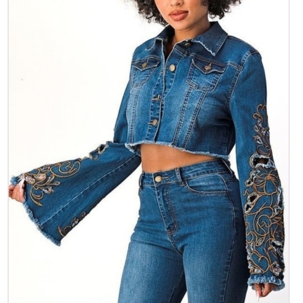 Cropped Embroidered Long Bell Sleeve Button Up Denim Jean Jacket - Picture 6 of 13